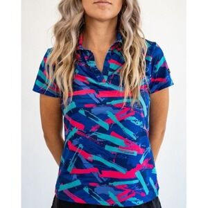 NWT Yatta Golf Polo S Blue 8-Track Abstract Print Short Sleeve V-Neck Shirt